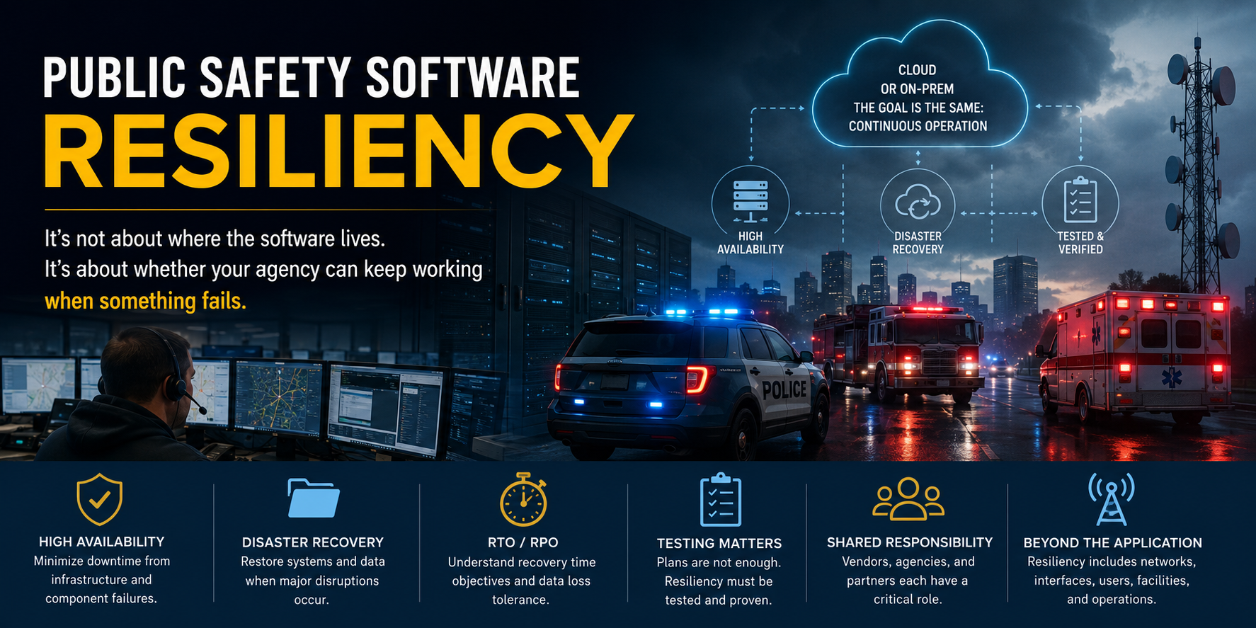 Public safety software resiliency graphic showing high availability, disaster recovery, recovery objectives, testing, and shared responsibility